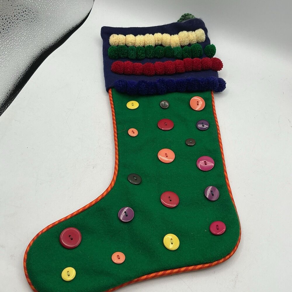 Crate & Barrel Buttons Christmas Stocking Pom Pom Wool Felt 18” Retired